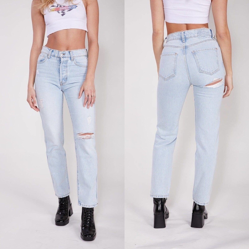 Revice Ex-Boyfriend/B-Boy Jeans Sz 32 Light Wash High Rise Distressed Button Fly